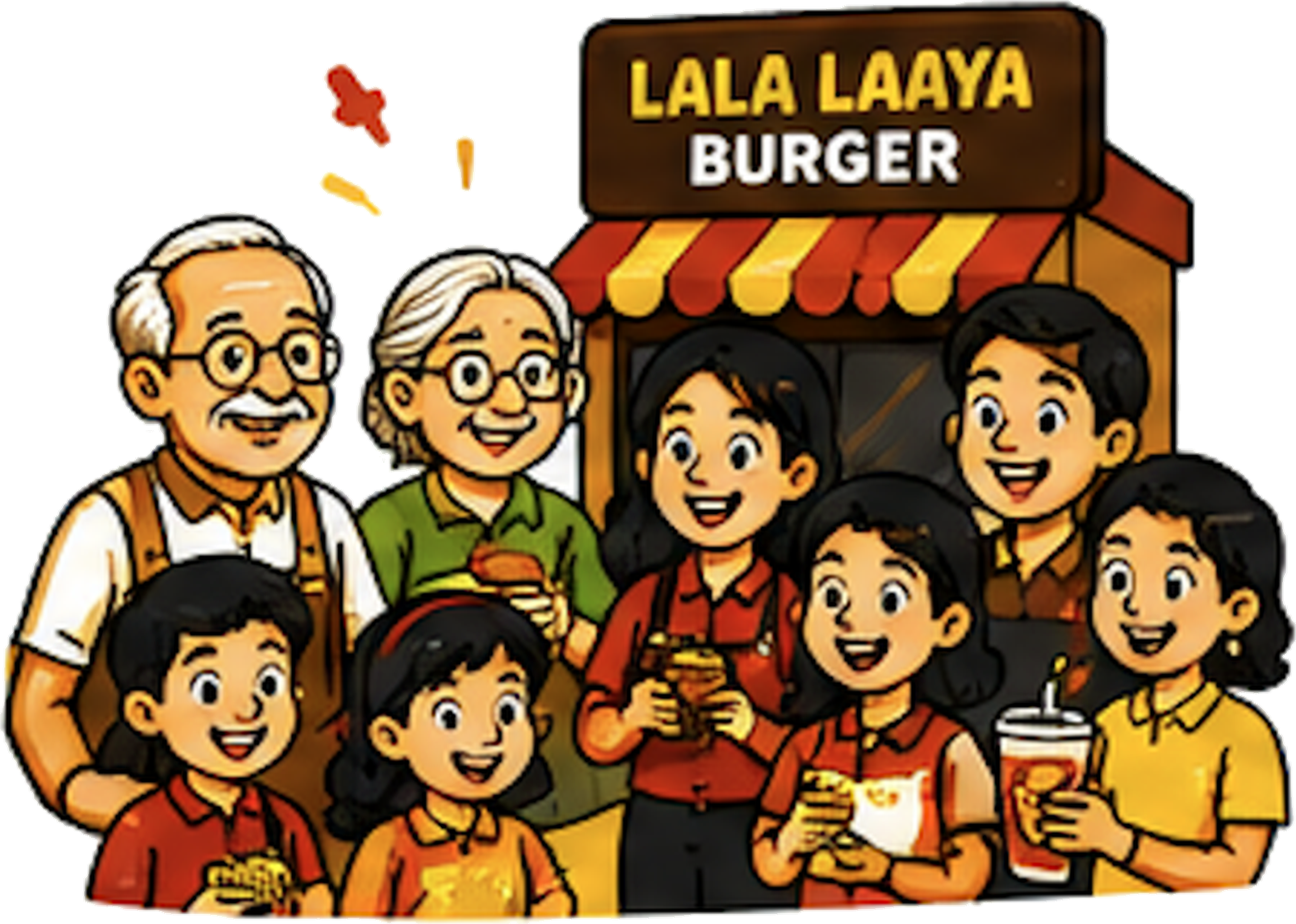 A happy family enjoying burgers outside the Lala Laaya Burger cafe